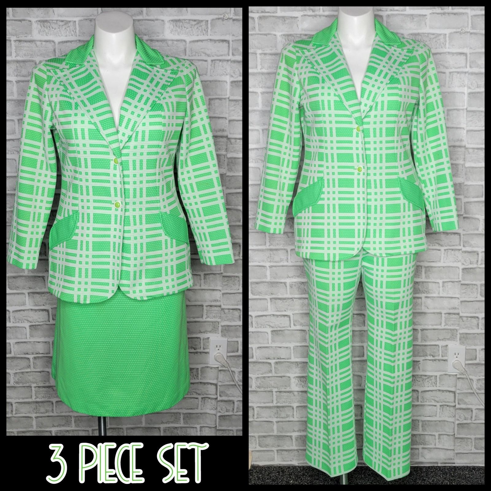 Vintage Vintage Neon Green/White Plaid & Polka Dot 3 Piece Set Size 34" / US 12 / IT 48 - 1 Thumbnail