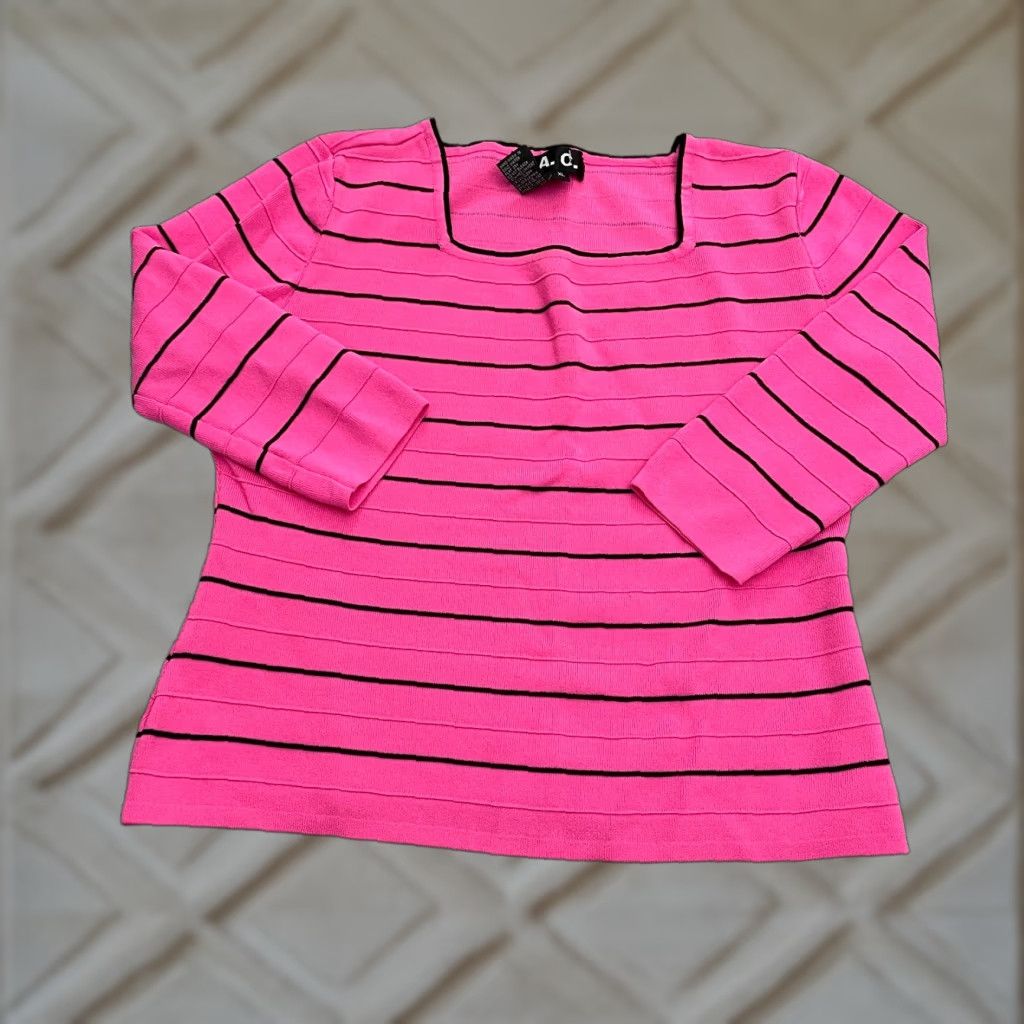Pinko J.A.D Pullover Sweater Juniors XL Pink Black Striped Square Neck Knit Casual Size XL / US 12-14 / IT 48-50 - 1 Thumbnail