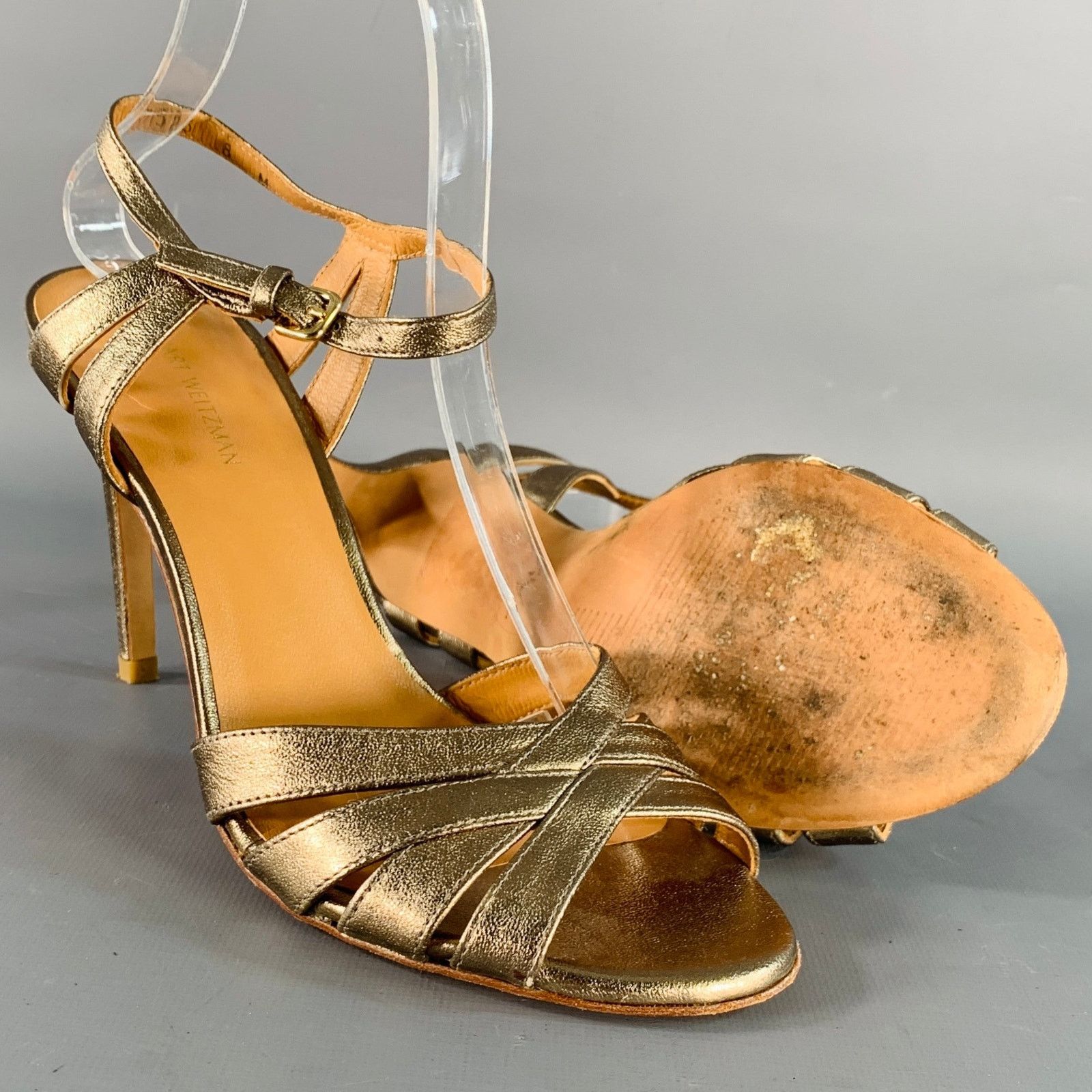 Stuart Weitzman Metallic Gold Leather Strappy Ankle Strap Sandals Size US 8 / IT 38 - 5 Thumbnail