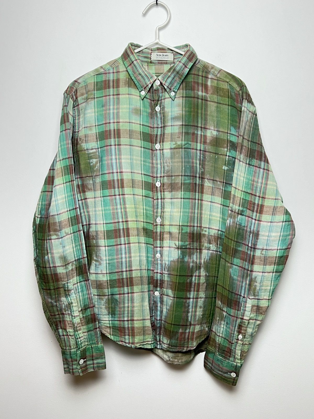 image of 1 Of 1 x Acne Studios Acne Vintage Travis Plaid Flannel Shirt Bleached Tie Dye Y2K in Green (Size M
