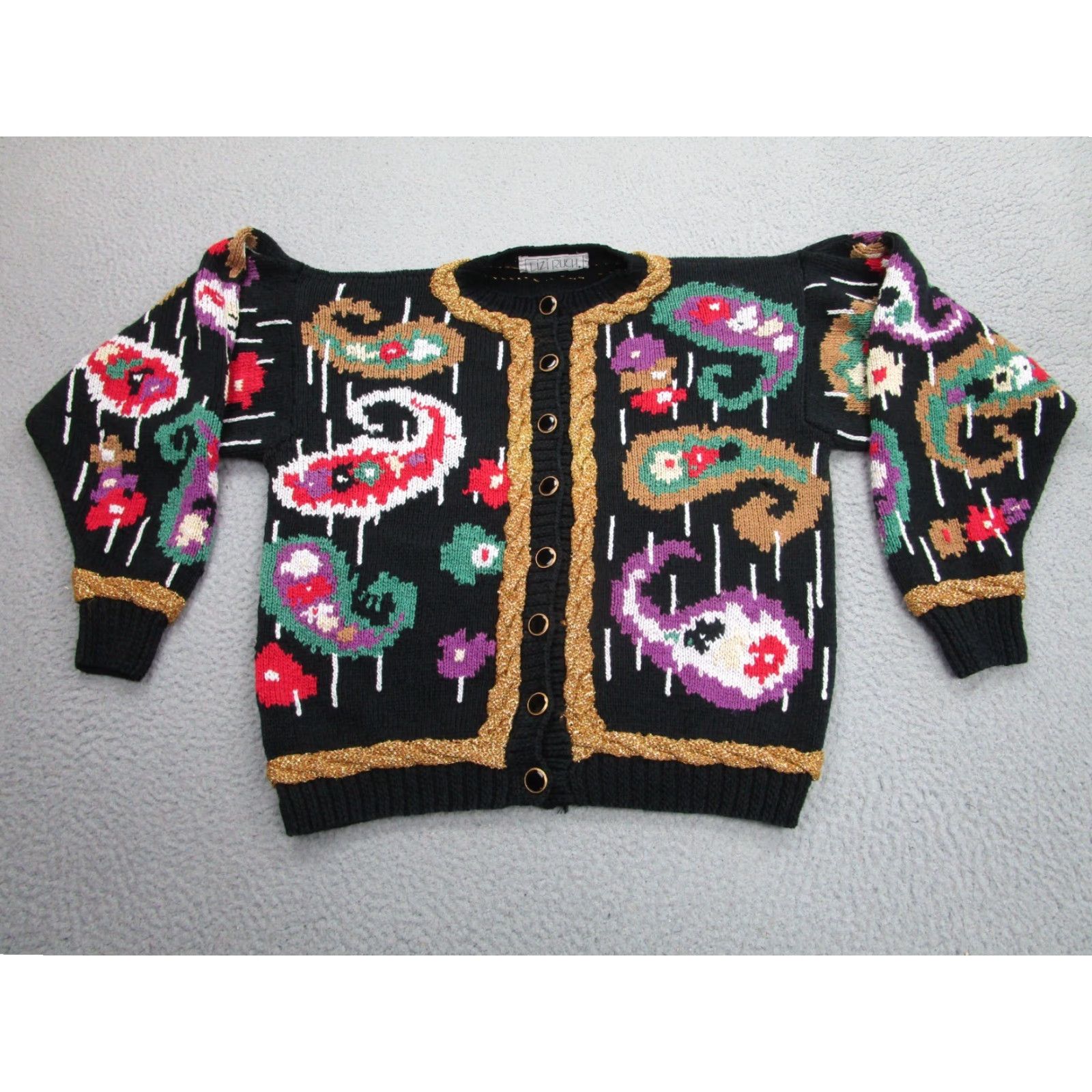 Vintage VINTAGE Lizi Ruch Sweater Cardigan Womens XL Black Floral Puff Sleeve 90s Vintage Tie? Size XL / US 12-14 / IT 48-50 - 2 Thumbnail