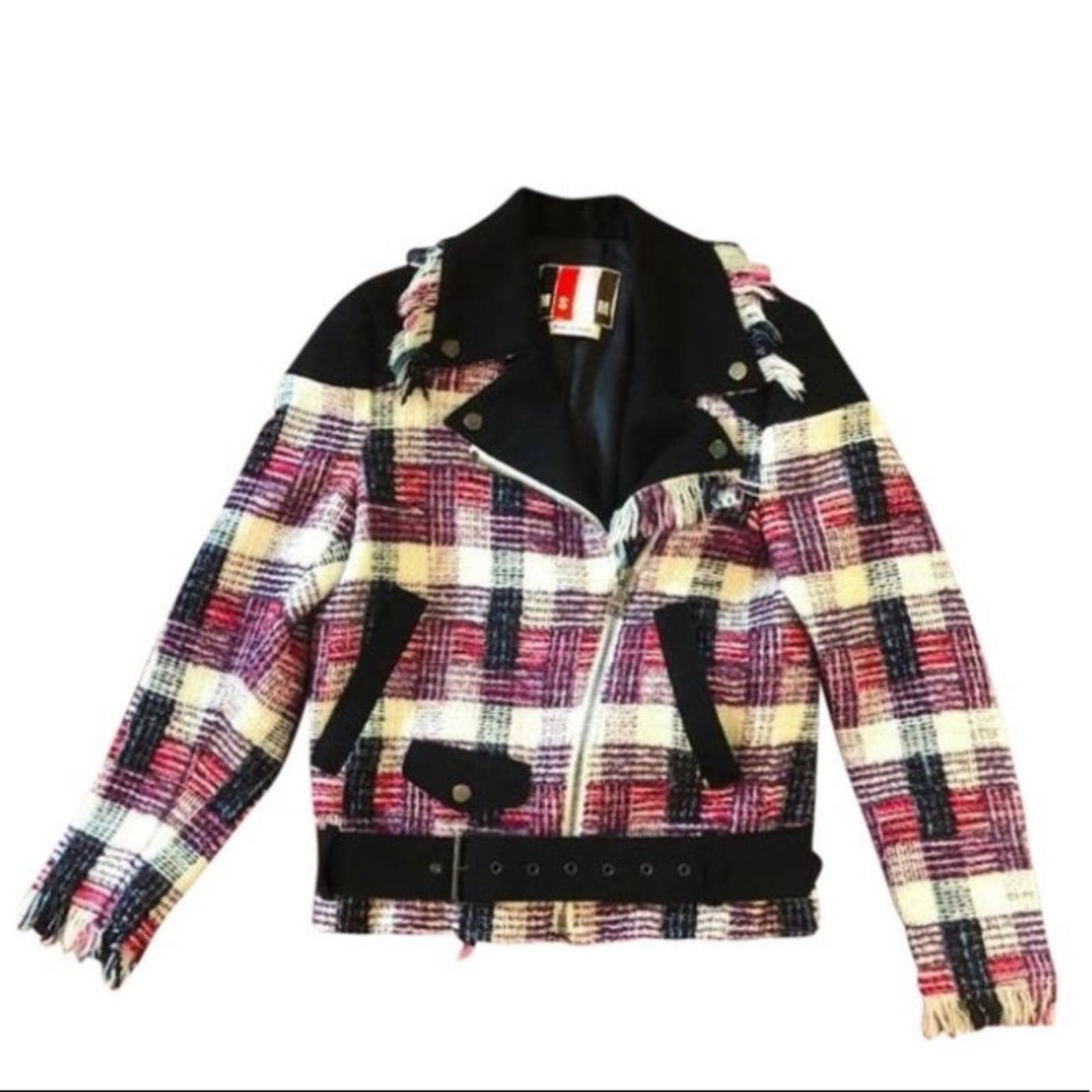 image of Msgm Plaid Motorcycle Jacket in Black, Women's (Size XS)