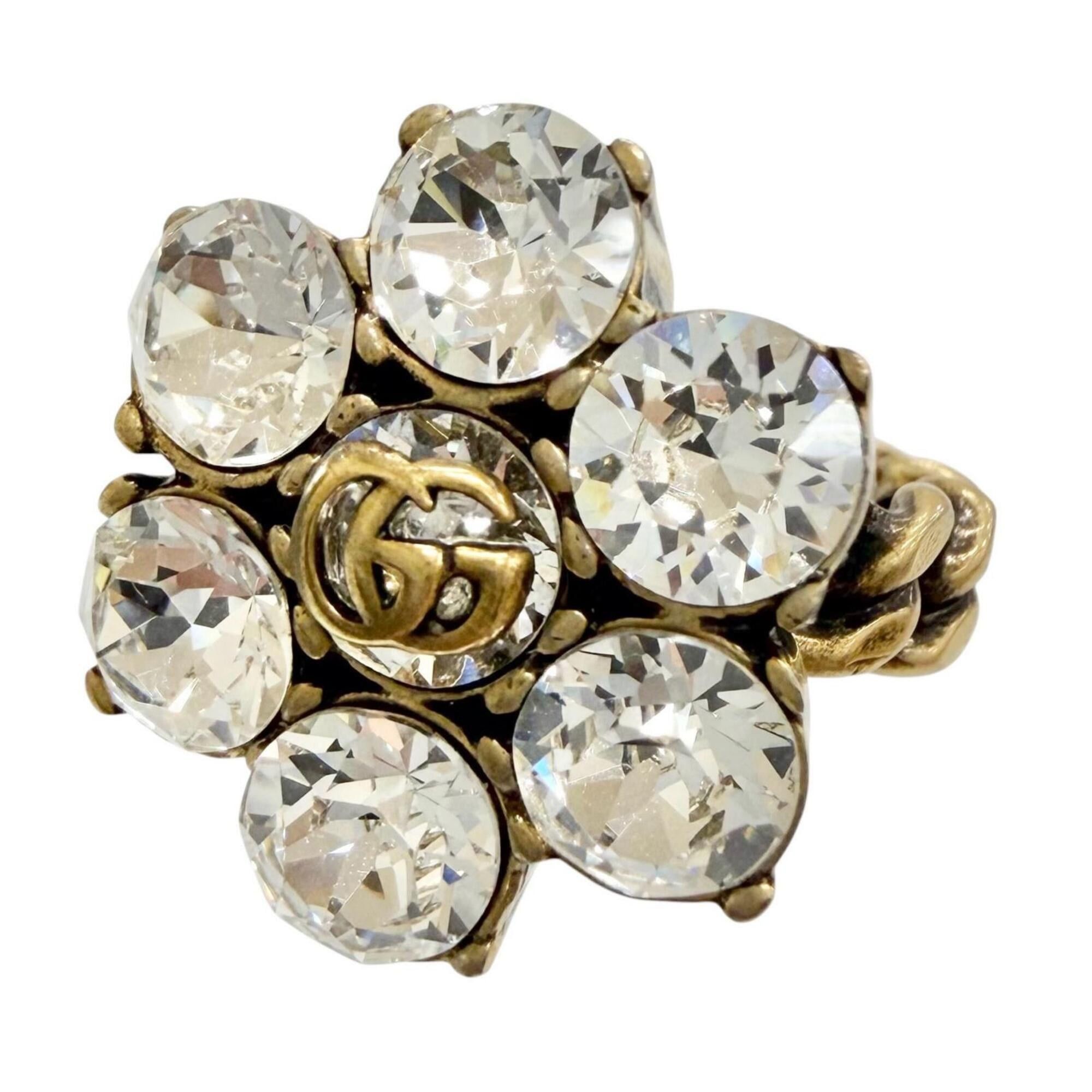Gucci GUCCI GG Marmont Flower Rhinestone Ring, Gold Tone, Size S, Made in Italy, Women's, with Box. Size ONE SIZE - 1 Thumbnail