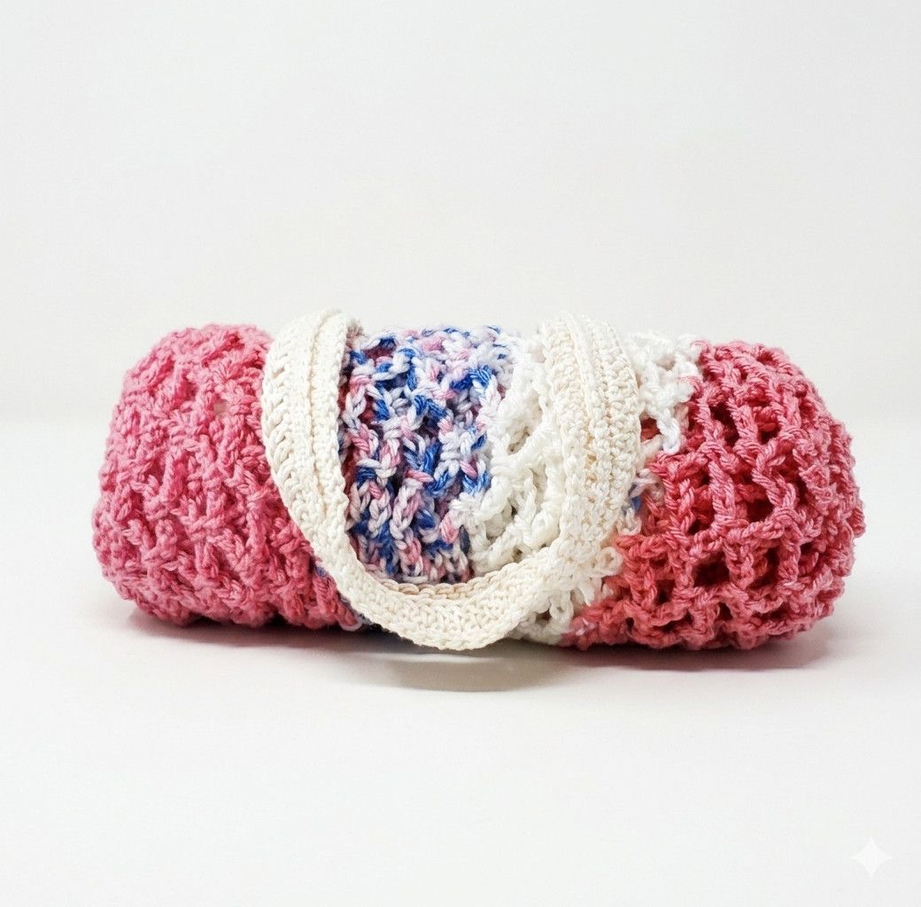 Handmade Farmers Market Bag Pink Handmade Crochet French Net Sack Size ONE SIZE - 7 Thumbnail