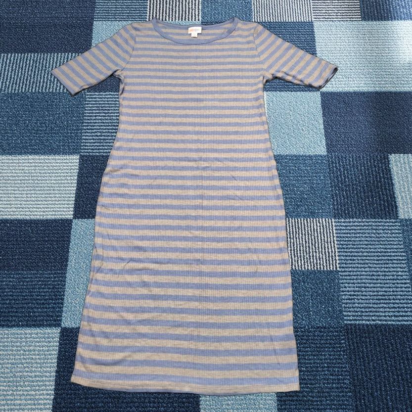 Vintage LulaRoe Dress Women S Striped Knit Blue Gray Bodycon Knee Length Pullover Round Neck Half Sleeve Machine Washable Vintage No Size S / US 4 / IT 40 - 1 Thumbnail