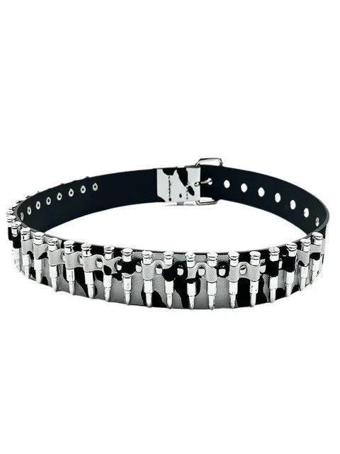 image of Cow Print Black & White Bullet Pu Leather Belt in Black/White, Men's