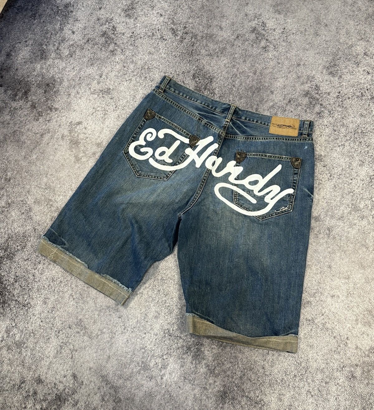 Ed Hardy Y2K Vintage Ed Hardy Denim Shorts Baggy Streetwear Rare XL Size US 37 - 1 Thumbnail