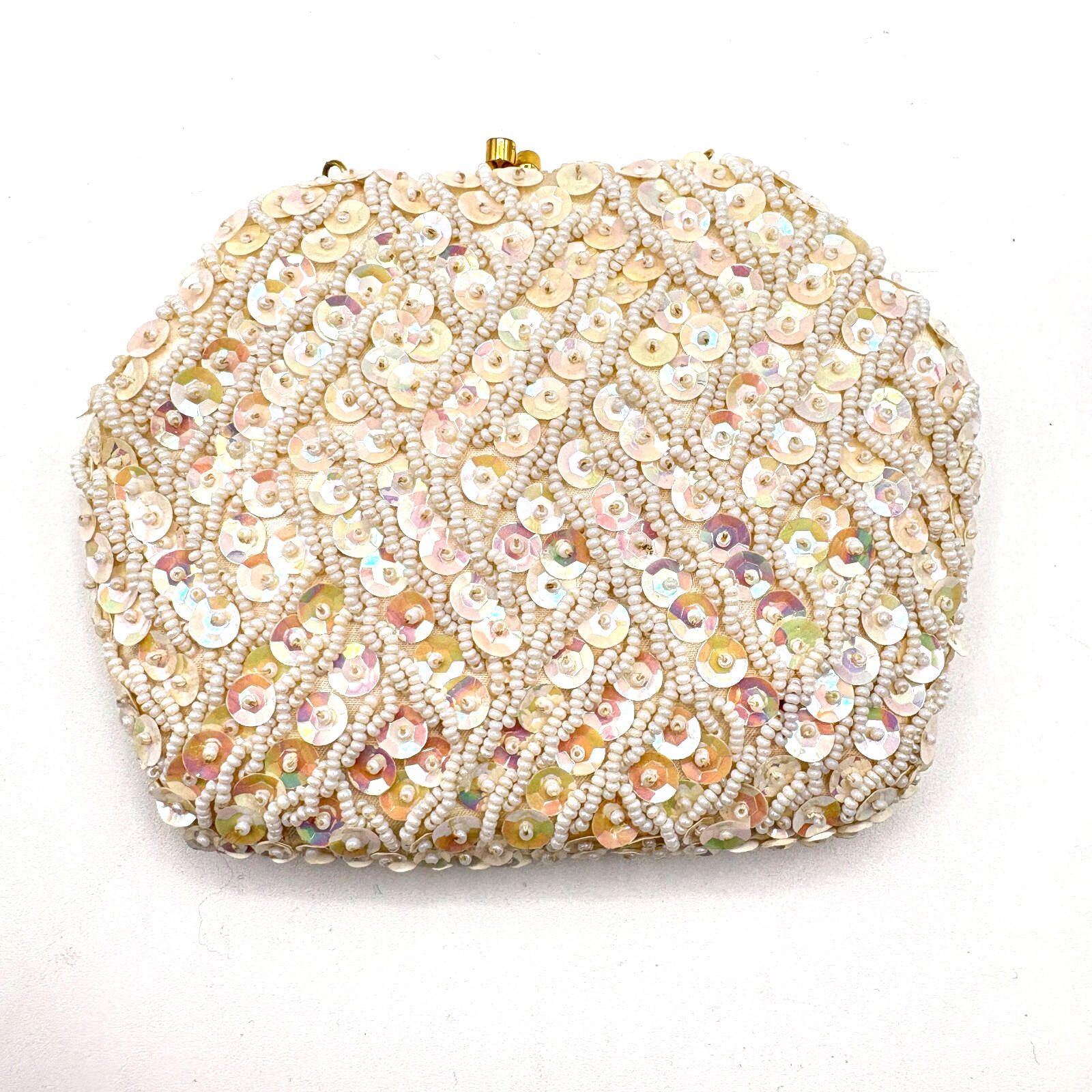 Vintage Cream Beaded Small Clutch Purse Made In Hong Kong in Beige, Women's