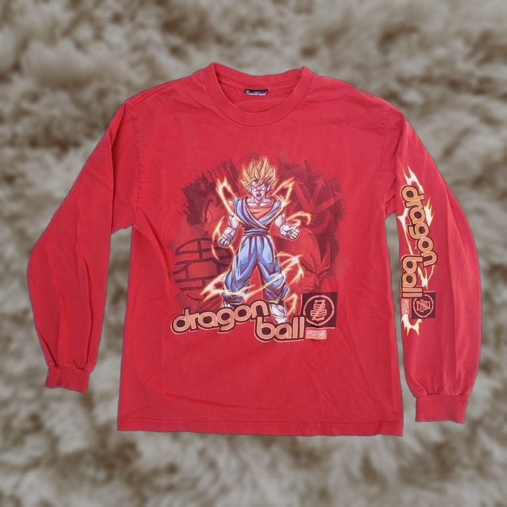 VINTAGE Dragon Ball Z T-Shirt Shirt Long Sleeve Goku Vegeta Super Saiyan Red Small Mens 90s Y2K Cartoon Anime USA California Bohemian Retro Classic