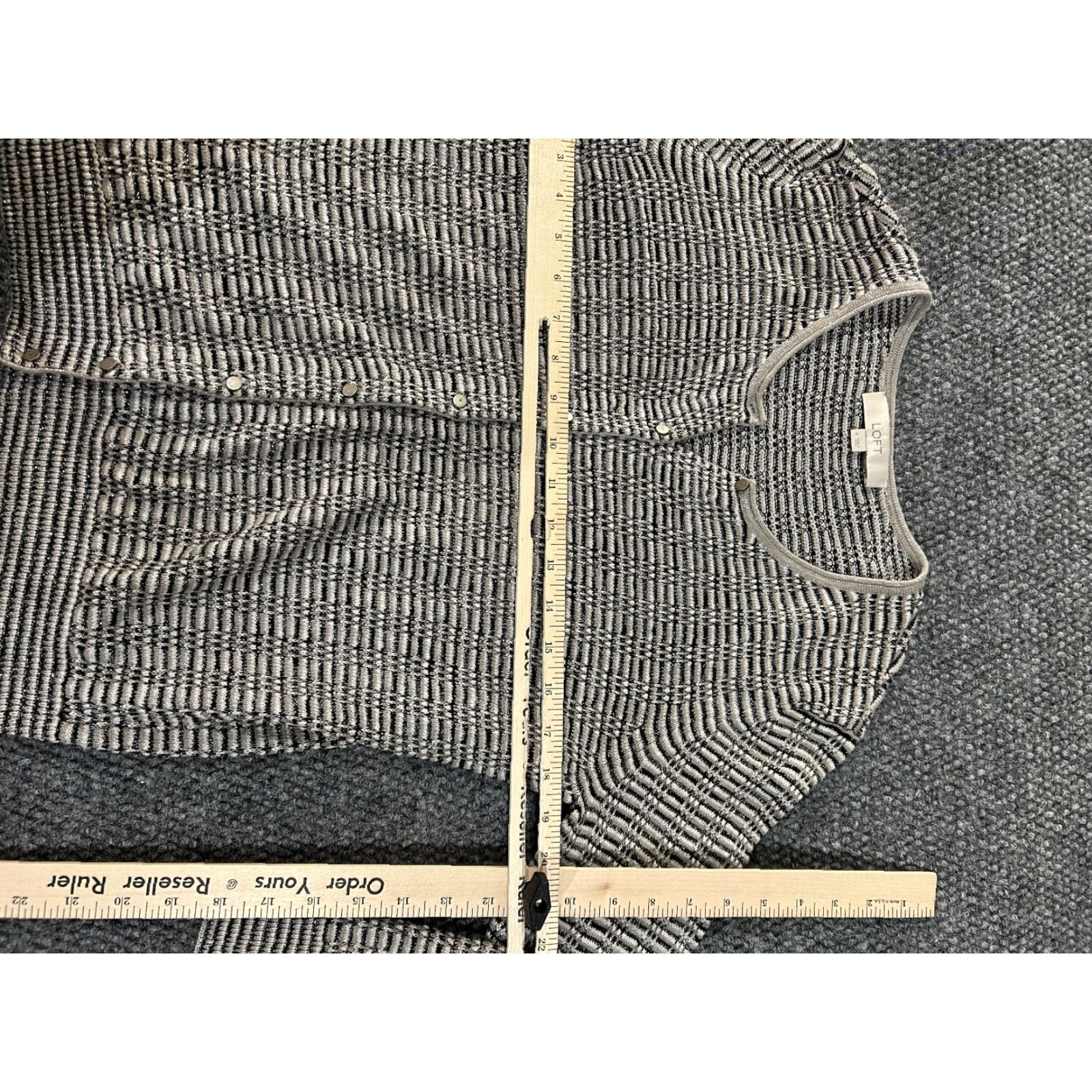 Loft LOFT Cardigan Womens Medium Gray White Striped Button Front Geometric Knit Crew Neck Rib Knit Casual Sleeve Regular Fall Winter Spring Size M / US 6-8 / IT 42-44 - 4 Thumbnail