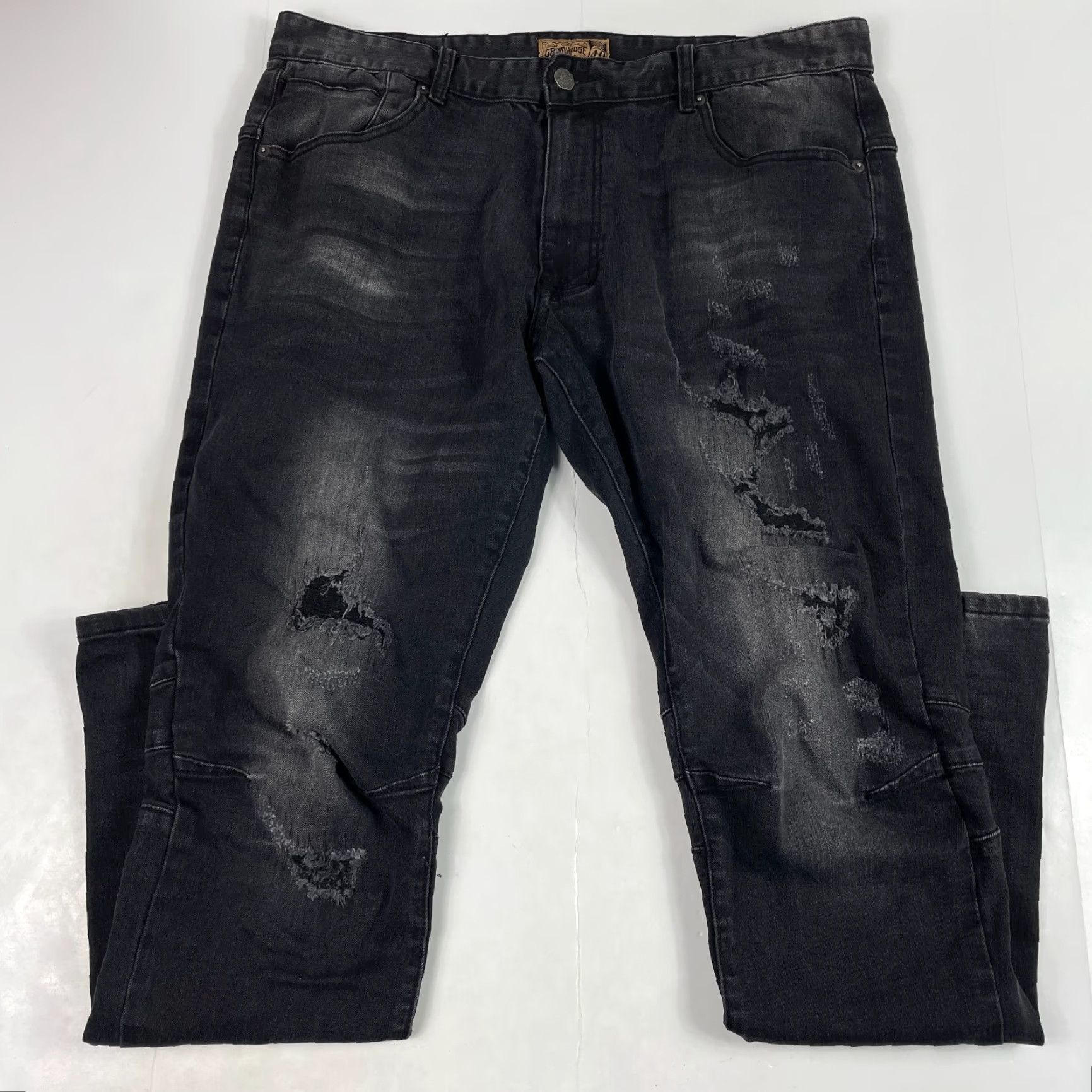 Vintage Grindhouse Jeans Men 40 x 33 Black Slim Straight Dark Wash Denim Distressed 5-Pocket Logo Embroidered Streetwear Biker Size US 40 / EU 56 - 2 Thumbnail