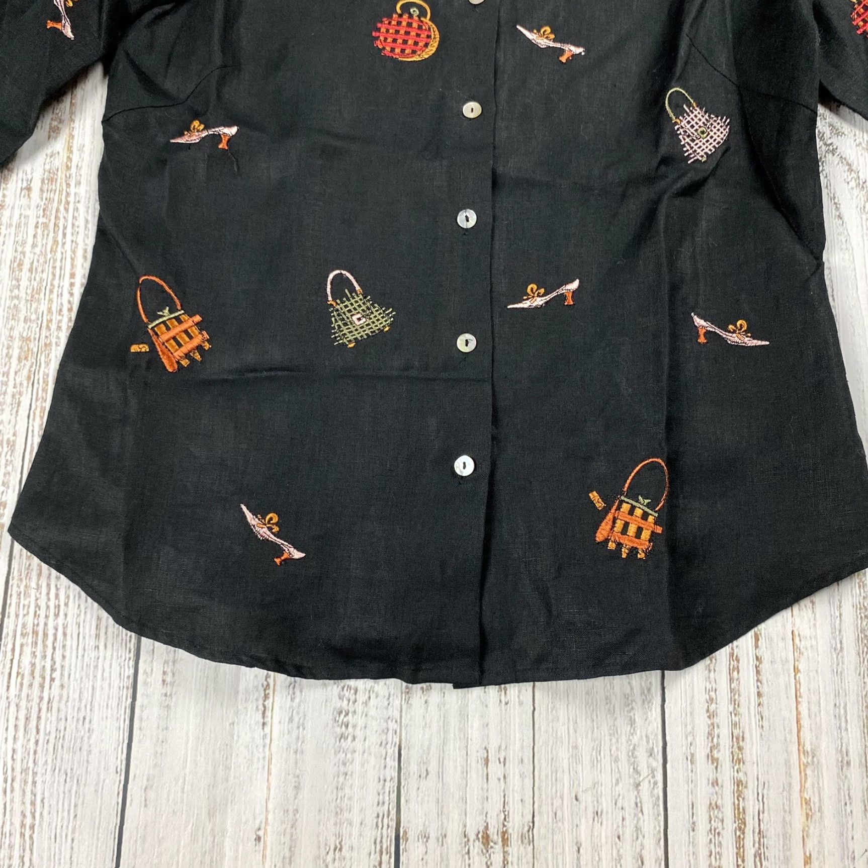 Vintage VINTAGE Edward Black Linen Button-Up Shirt Sz S, Long Sleeve, Embroidered, Classic Fit, Womens Size S / US 4 / IT 40 - 3 Thumbnail