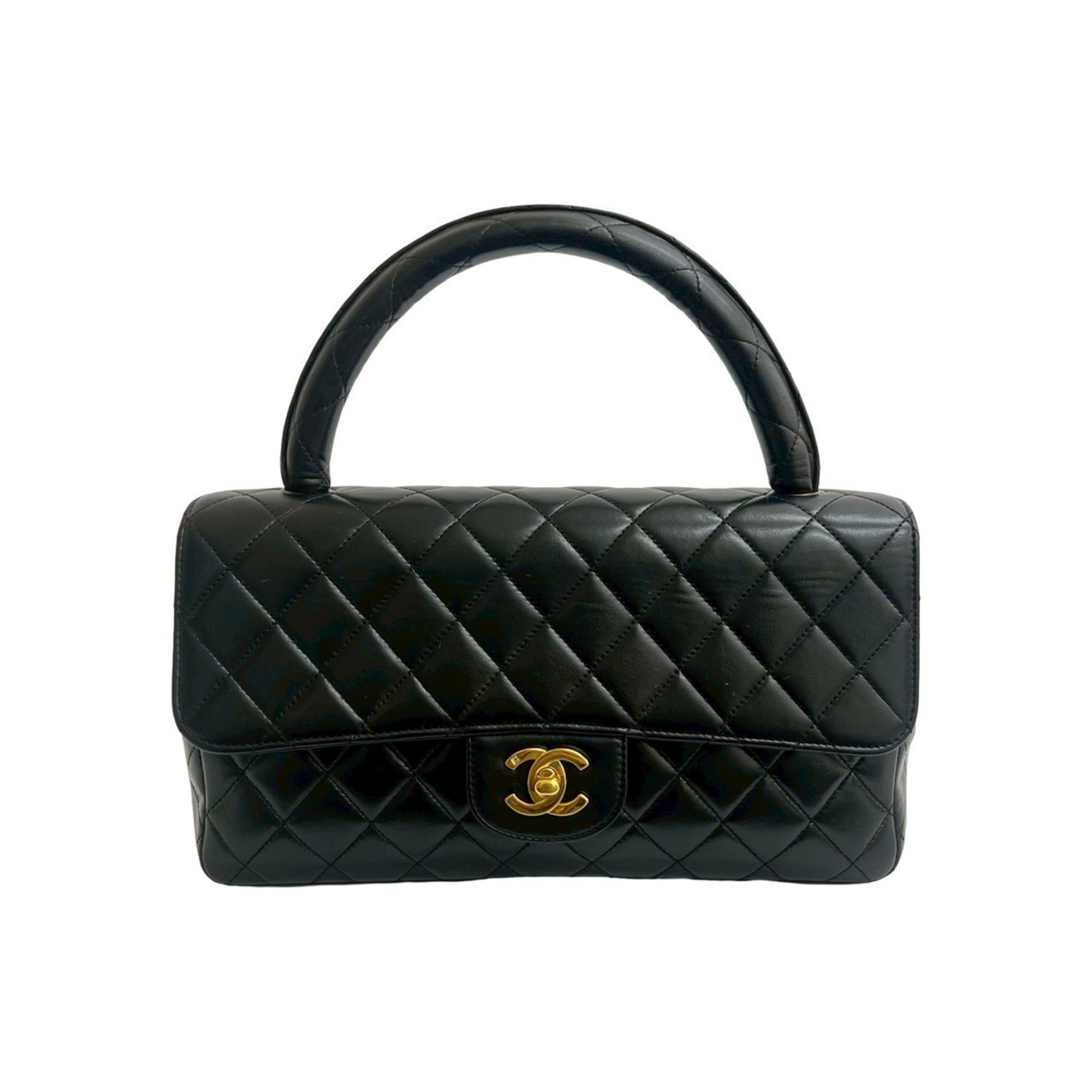 CHANEL Vintage Matelasse Coco Mark Lambskin Leather Handbag Black 200-6