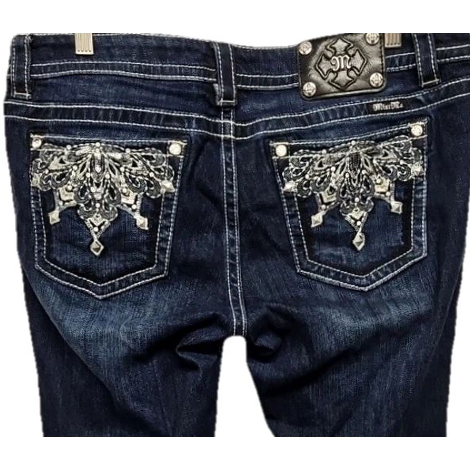 Miss Me VINTAGE Miss Me Signature Bootcut Jeans Womens 32 Dark Wash Embellished Western Rhinestone Pockets Denim Jeans Womens Size 24" / US 00 / IT 34 - 7 Thumbnail