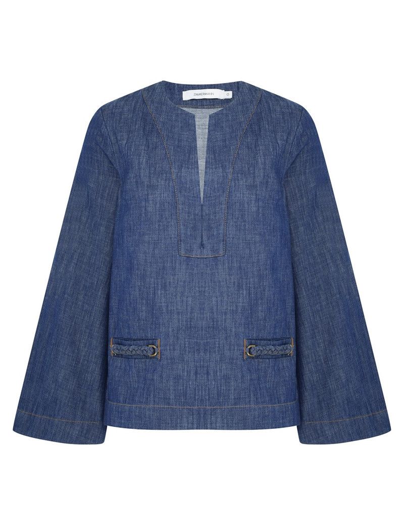 Zimmermann oc11z0226 Wylie Denim Tunic Blouse In Blue Size L / US 10 / IT 46 - 1 Thumbnail
