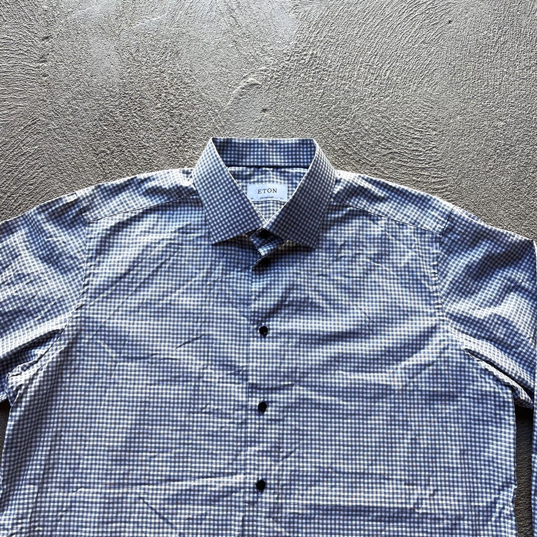 Eton Eton Shirt Mens 44 White Cotton Button-Up Gingham Check Dress Shirt Formal Business Casual Designer Classic Size 44R - 3 Thumbnail