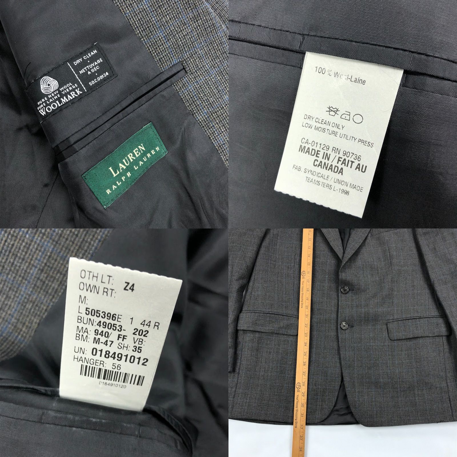 Ralph Lauren Lauren Ralph Lauren Mens Sport Coat Jacket 44 R Gray Blue Plaid Wool Windowpane Blazer Two-Button, Single-Breasted, Regular, Big & Tall, Men Size 44R - 8 Thumbnail