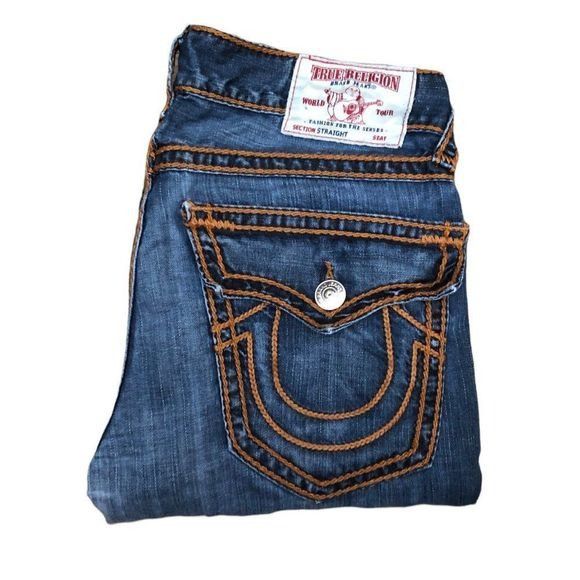 TRUE RELIGION Blue Jeans w/ orders Orange Stitch Detail, 38W, 32L