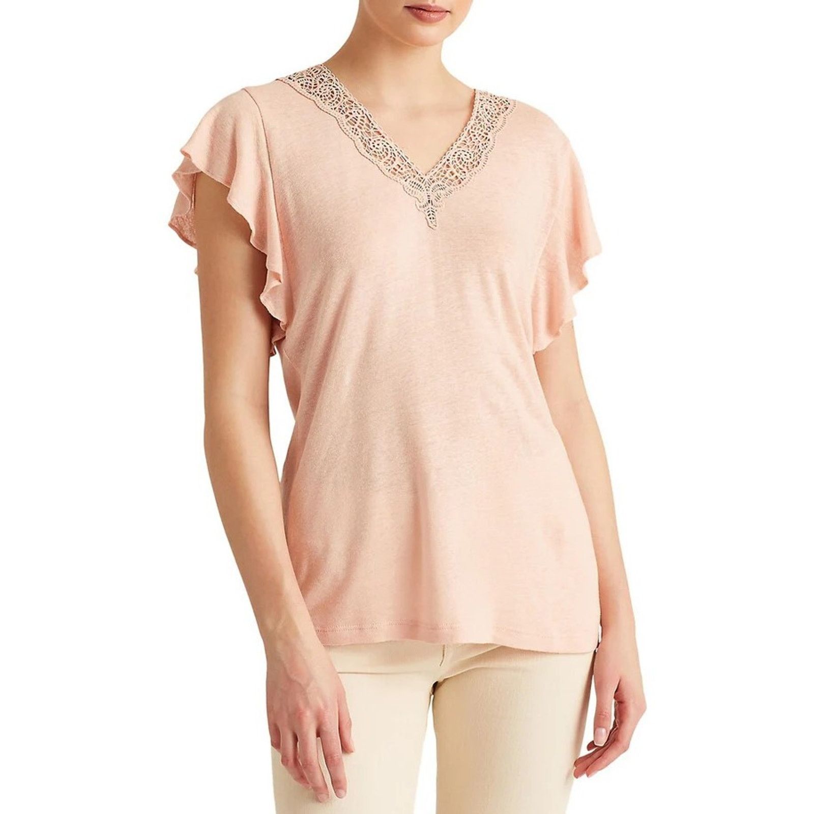 Ralph Lauren Women Pink Linen/Viscose Flutter T-Shirt XS