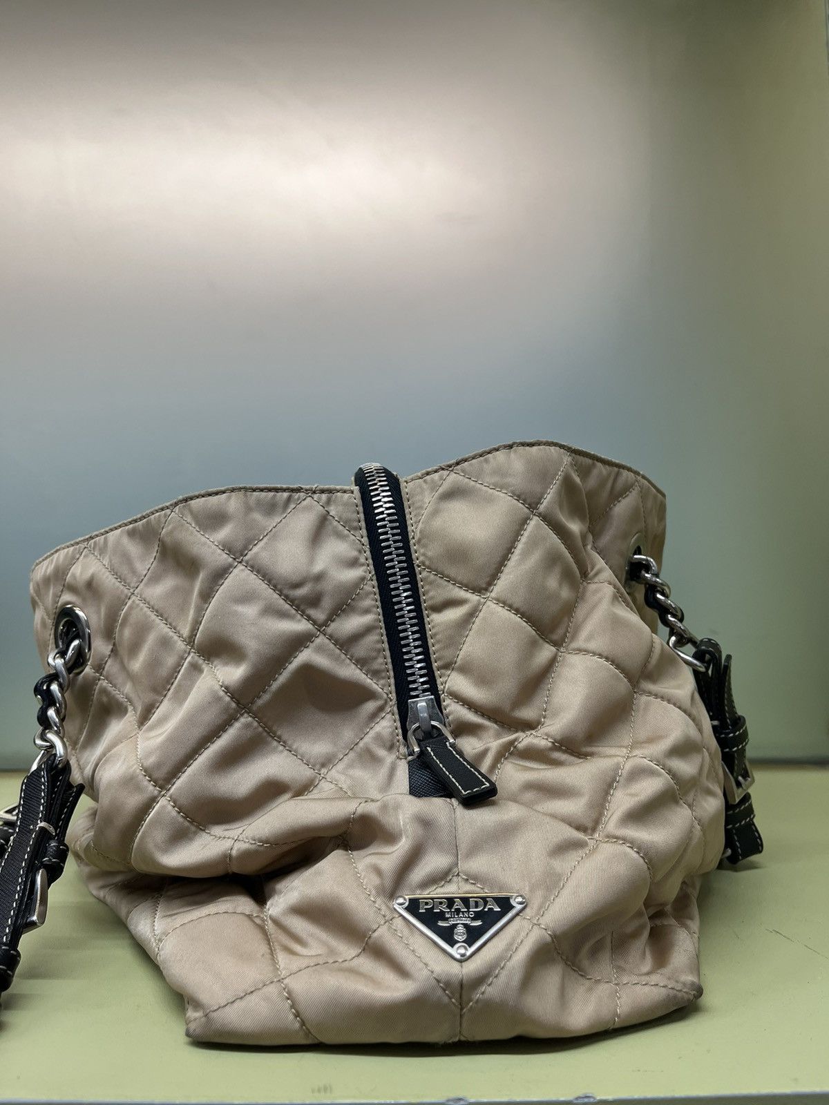 image of Prada Logo Quilted Chain Shoulder Bag, Women's