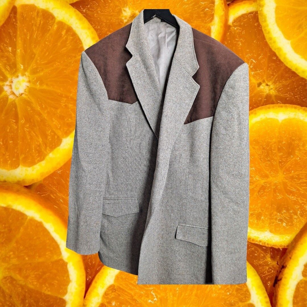 Other High Noon Tweed Blazer Brown Suede Patch Sport Coat Herringb Size 50R - 7 Thumbnail