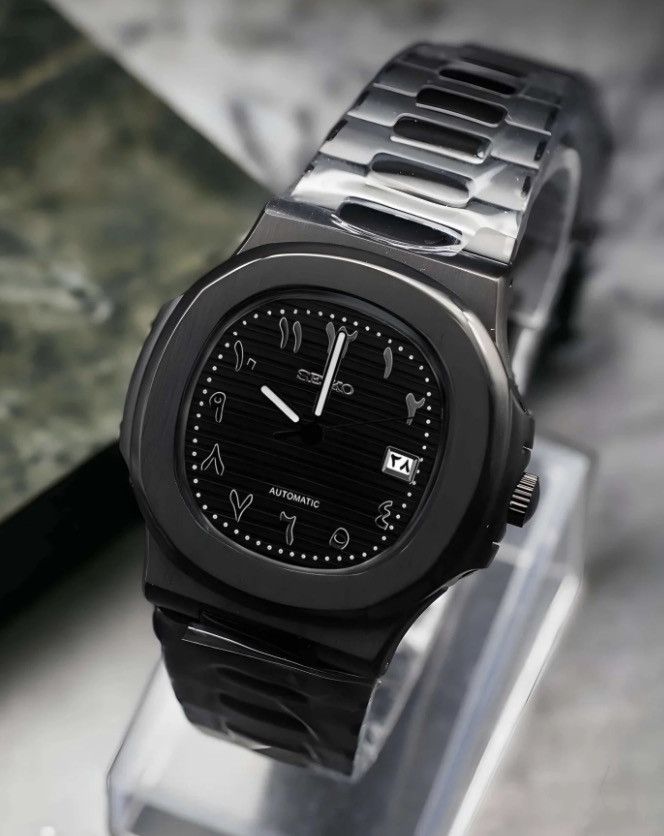 Japanese Brand Seiko Mod Nautilus All Black Arabic Dial Steel Watch 41mm Size ONE SIZE - 3 Thumbnail