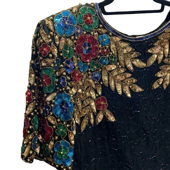 Vintage Vintage 100% Pure Silk Glamourous Hand Beaded Floral Sequine Size M / US 6-8 / IT 42-44 - 8 Thumbnail