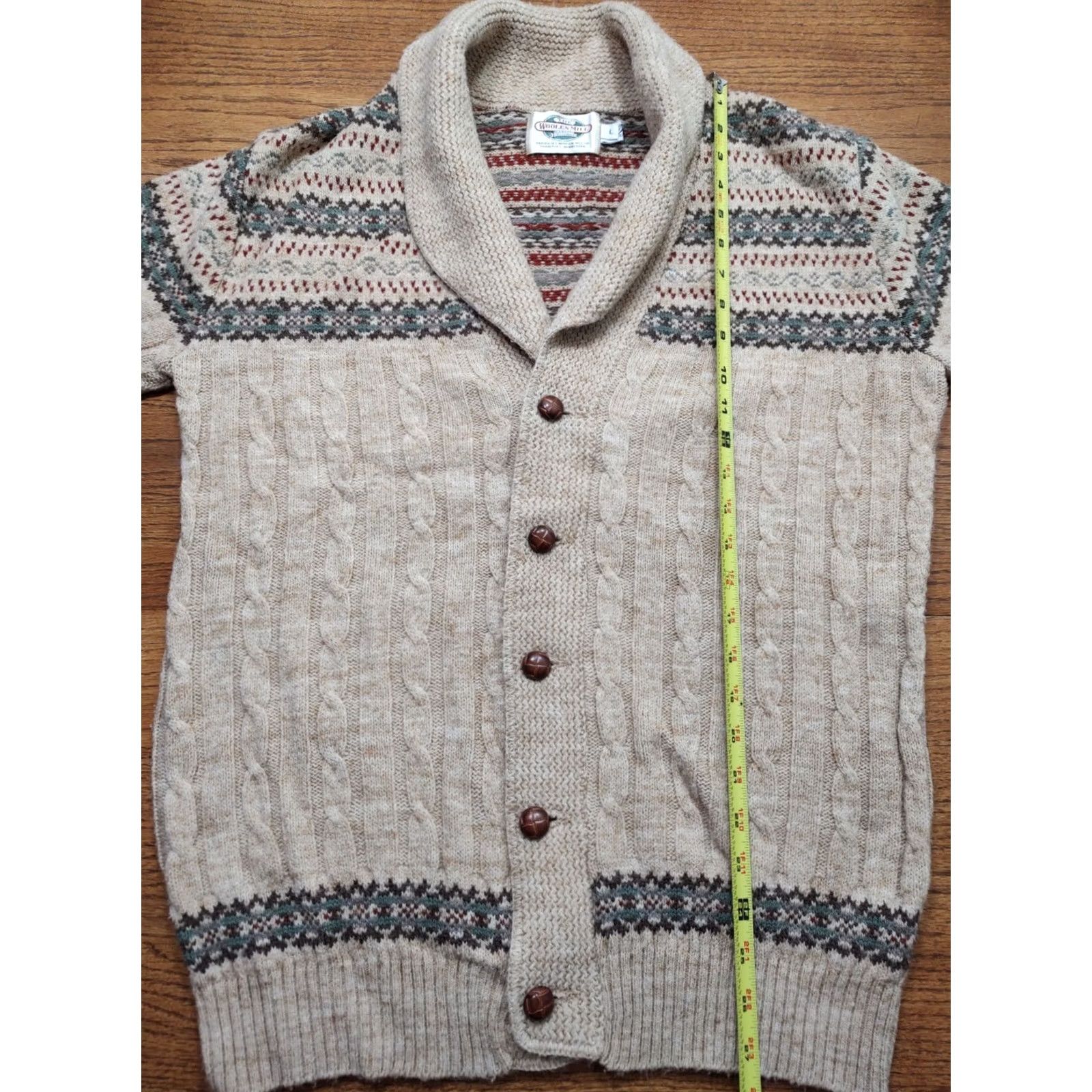 MILLY VINTAGE The Woolen Mill Cardigan Mens L Tan Knit Cable-Knit Striped Fisherman Button Sweater United States Size US L / EU 52-54 / 3 - 7 Thumbnail