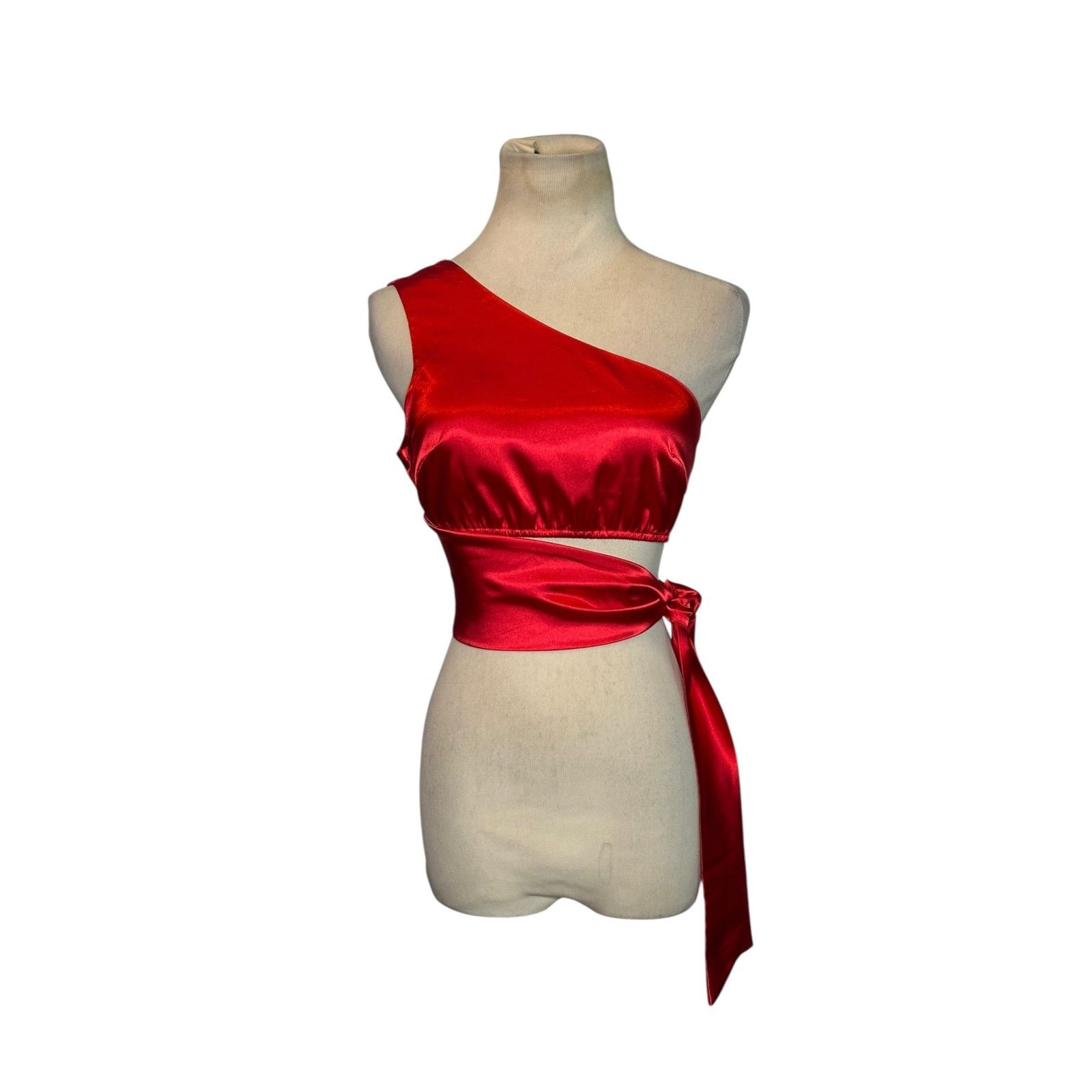 Shein Shein Red Calvaya One Shoulder Tie Side Satin Top size XS Size XS / US 0-2 / IT 36-38 - 1 Thumbnail