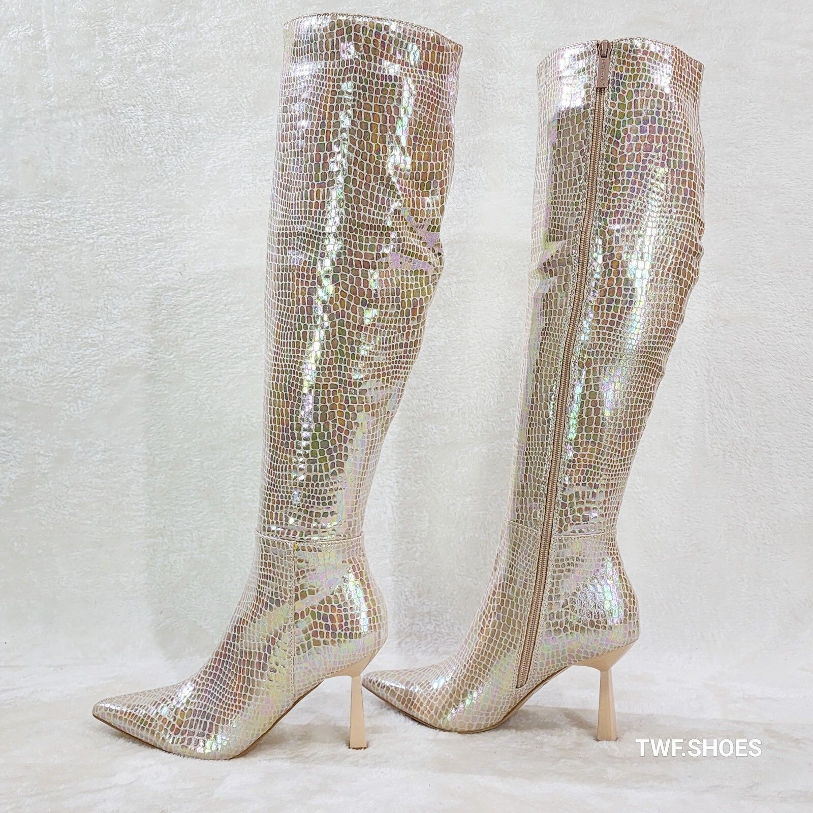 Other Sharp Champagne Cream Hologram Snake Print High Heel Knee Bo Size US 9 / IT 39 - 1 Thumbnail