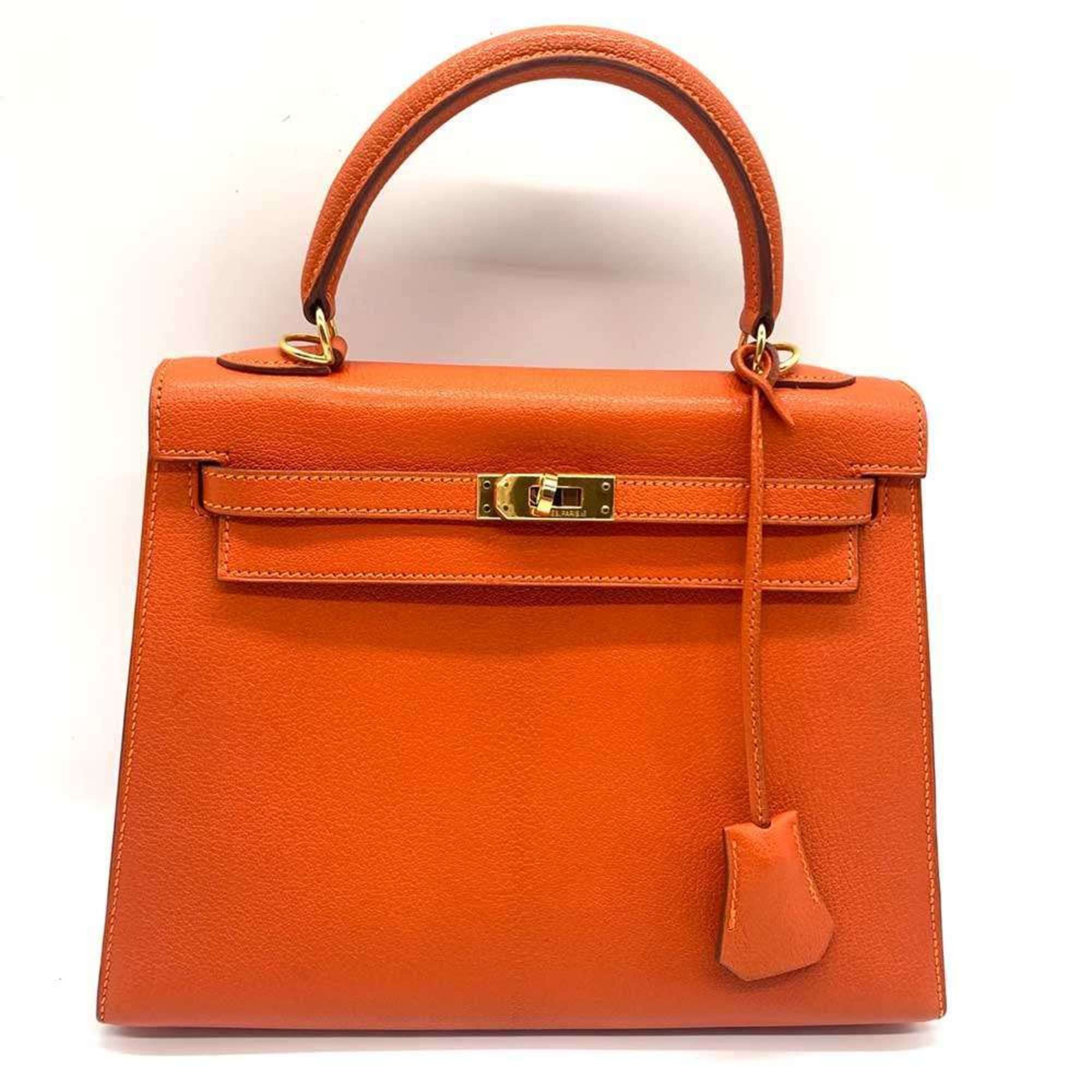 Hermes Kelly 25 Chevre Orange F Stamped Outside Stitching Hand Bag Shoulder Strap, Women's