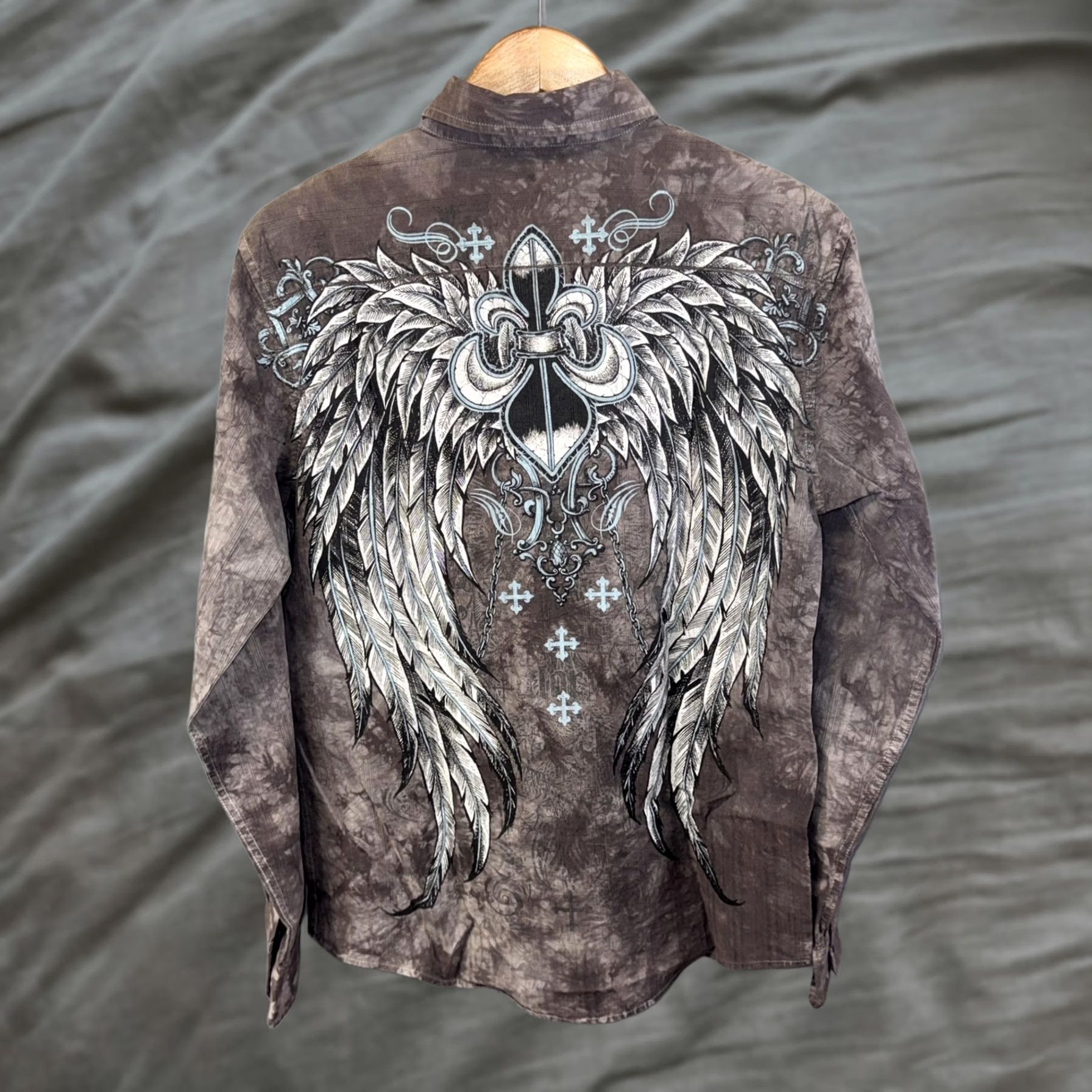Vintage VINTAGE Eighty Eight Shirt Mens Medium Gray Tie Dye Button Down Fleur de Lis Wings Print Size US M / EU 48-50 / 2 - 1 Thumbnail
