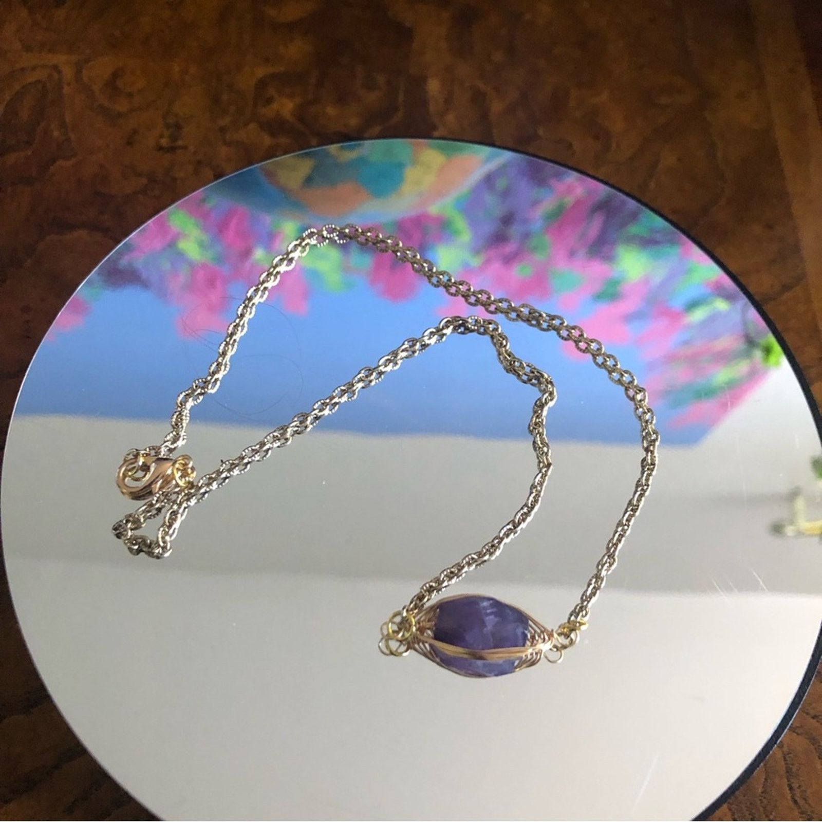 Handmade Handcrafted gold wire cage genuine amethyst stone necklace Size ONE SIZE - 2 Thumbnail
