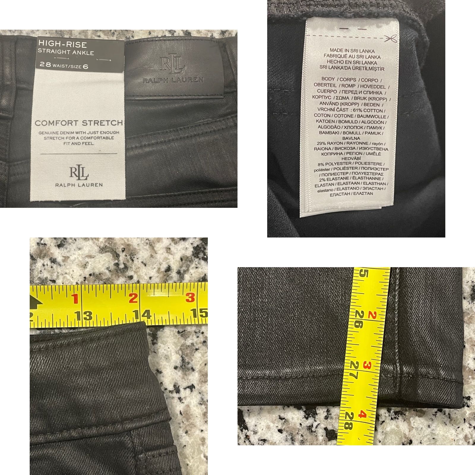 Ralph Lauren Denim Jeans Coated High Rise Ankle Straight Women Size 6 Black Dark Logo 90s