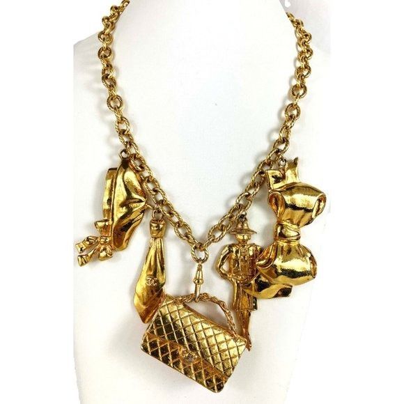 image of Auth Signed Vintage Chanel 80's 5 Charms Short Chain Necklace in Gold, Women's