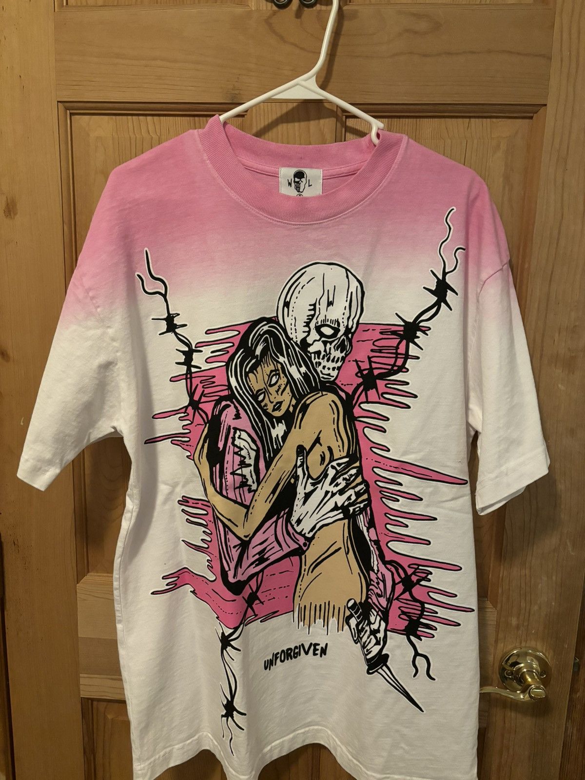image of Warren Lotas “Unforgiven” Tee in Pink/White, Men's (Size Medium)