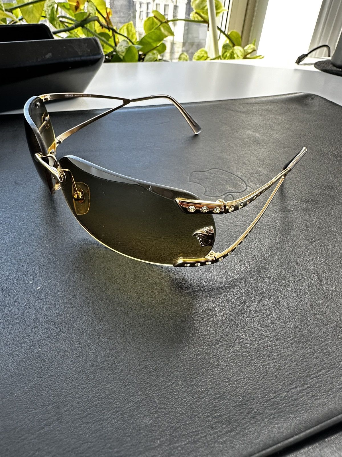 image of Versace Y2K Rhinestone Sunglasses in Gold, Women's