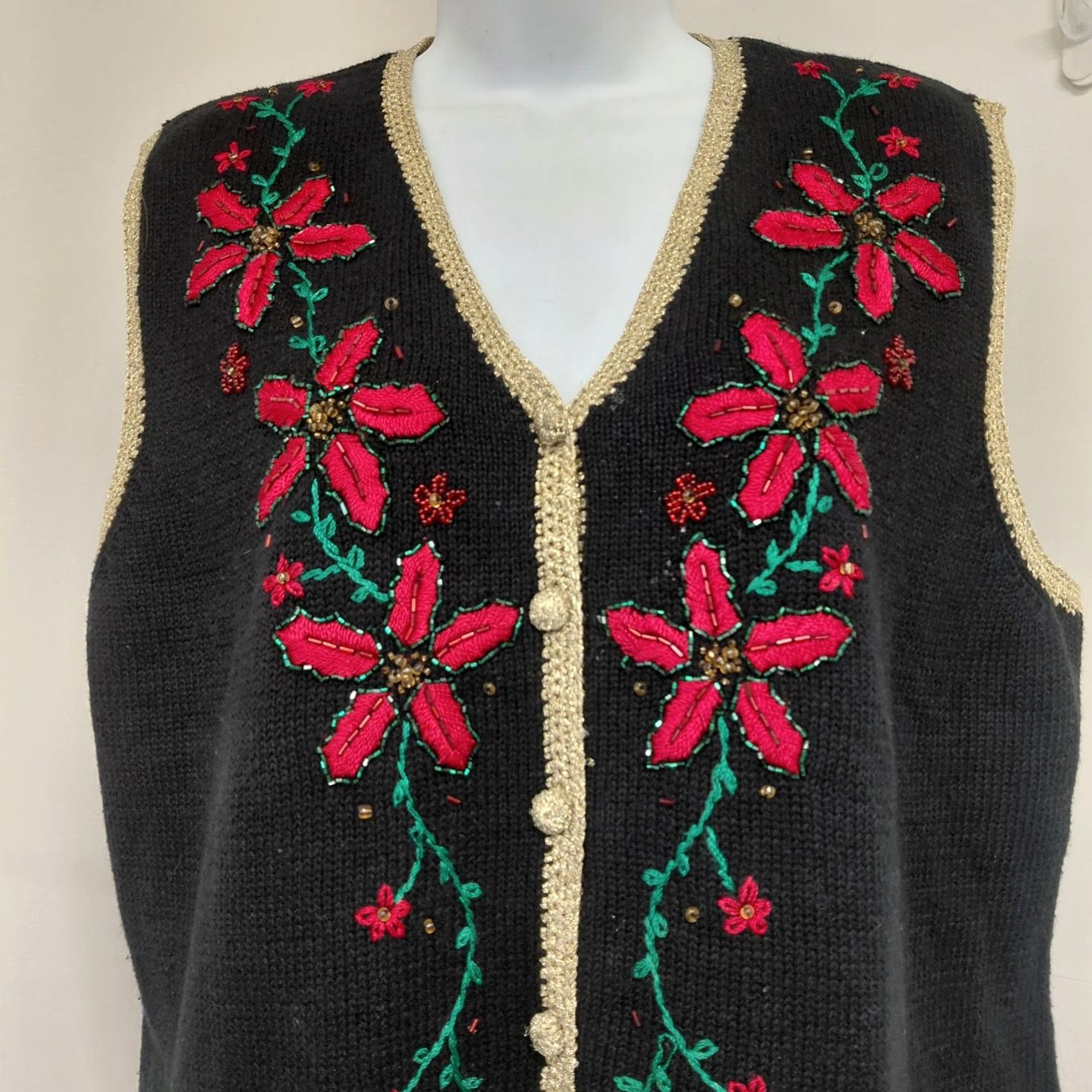 Vintage Vtg Studio Joy Vest Women’s P/XL Embellished Floral Christmas Knit Sleeveless Sweater Vest Size XL / US 12-14 / IT 48-50 - 4 Thumbnail