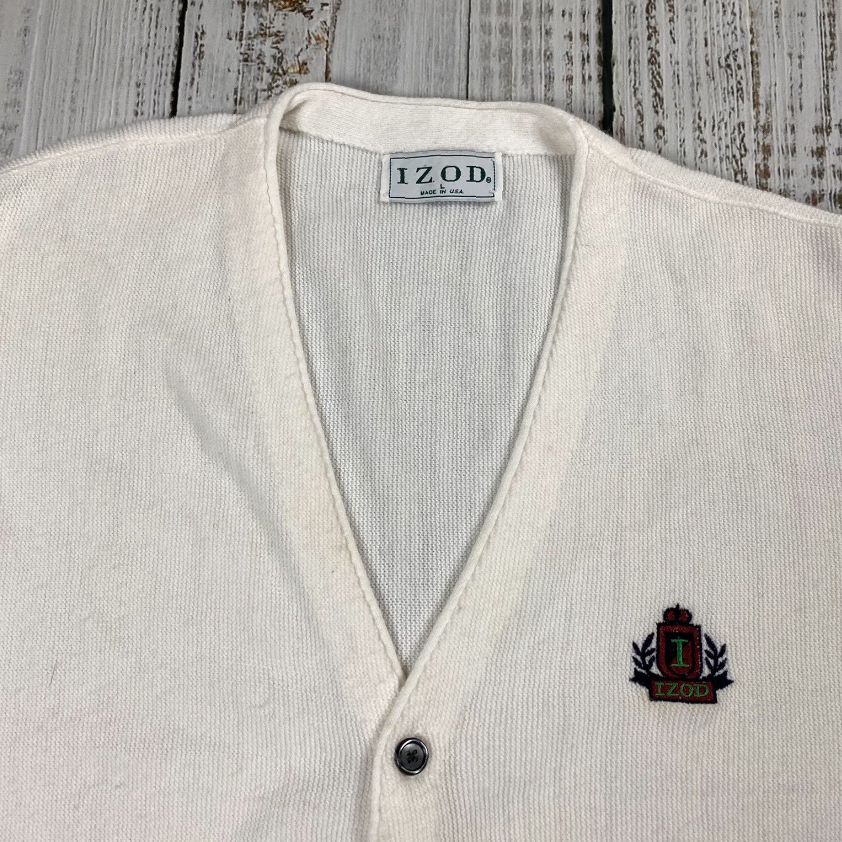 Izod VINTAGE IZOD Cardigan Sweater White Mens L Regular 80s USA Logo Knit 100% Acrylic Front-Logo Knitwear Size US L / EU 52-54 / 3 - 2 Thumbnail