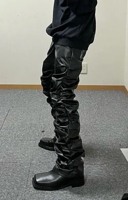 Leather Loose Ruched Casual Pu Leather Pants Streetwear Punk Rock Size US 32 / EU 48 - 4 Thumbnail