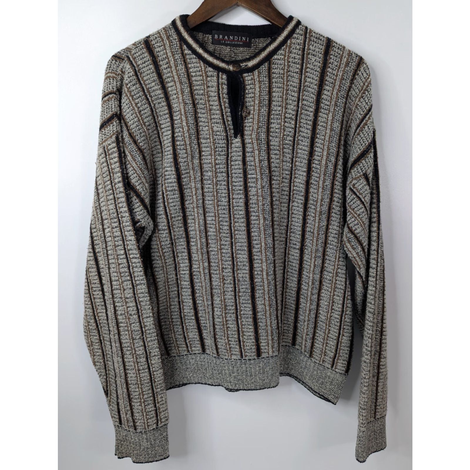 Vintage VINTAGE Brandini Sweater Henley Knit Pullover Striped Gray L Men 90s Size US L / EU 52-54 / 3 - 2 Thumbnail