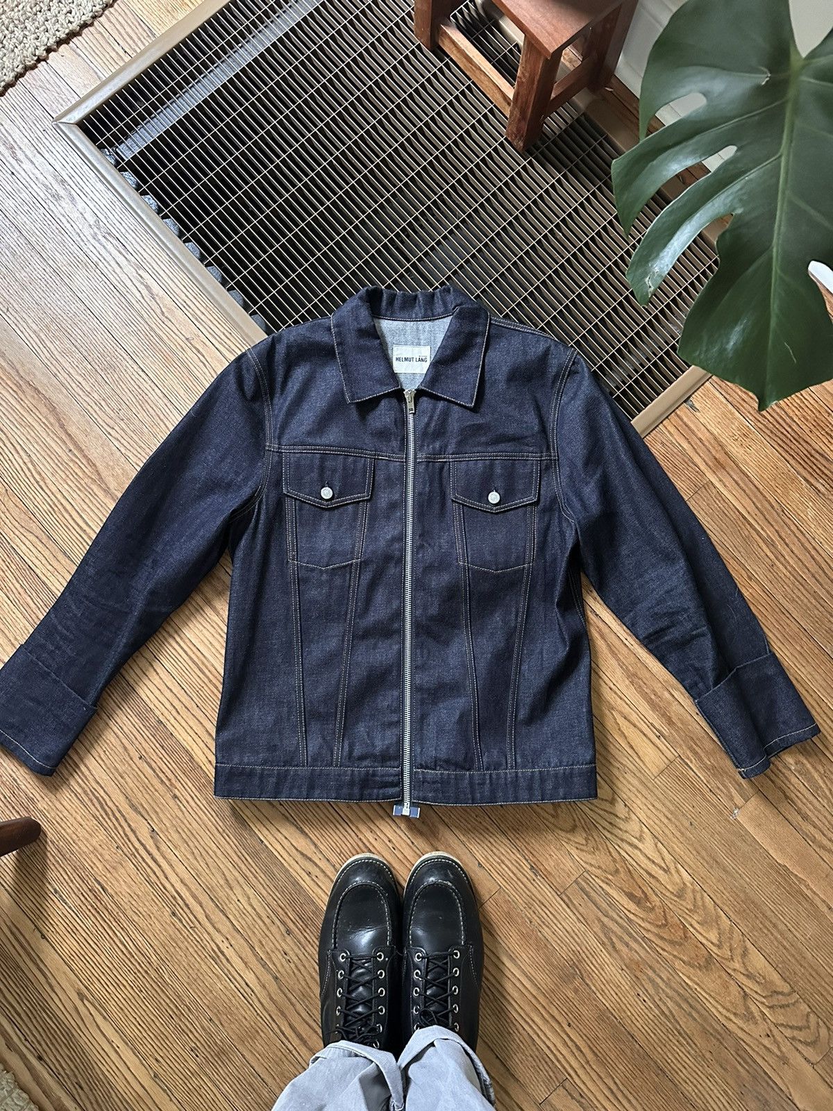 Helmut Lang Helmut Lang ss2003 leather sleeve denim jacket | Grailed
