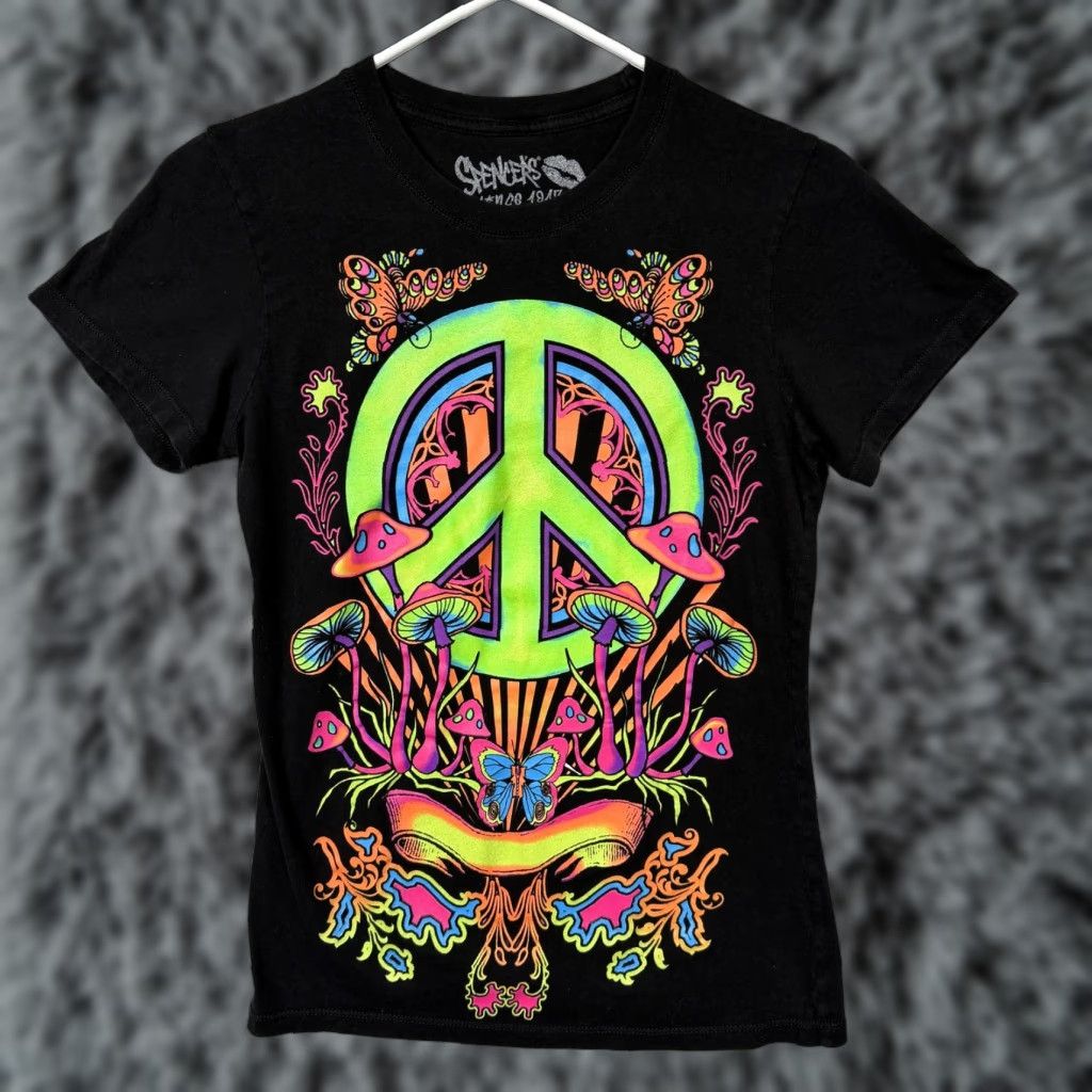 Vintage Spencers T-Shirt Juniors M Black Neon Peace Sign Psychedelic Hippie Festivalwear Size M / US 6-8 / IT 42-44 - 1 Thumbnail