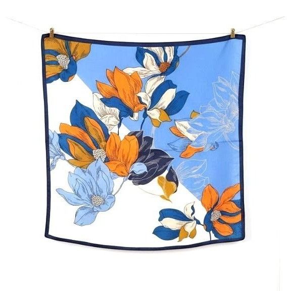 Other ✨Luxury Silky Scarf Orange Navy Blue Geometric Floral Link P Size ONE SIZE - 5 Thumbnail