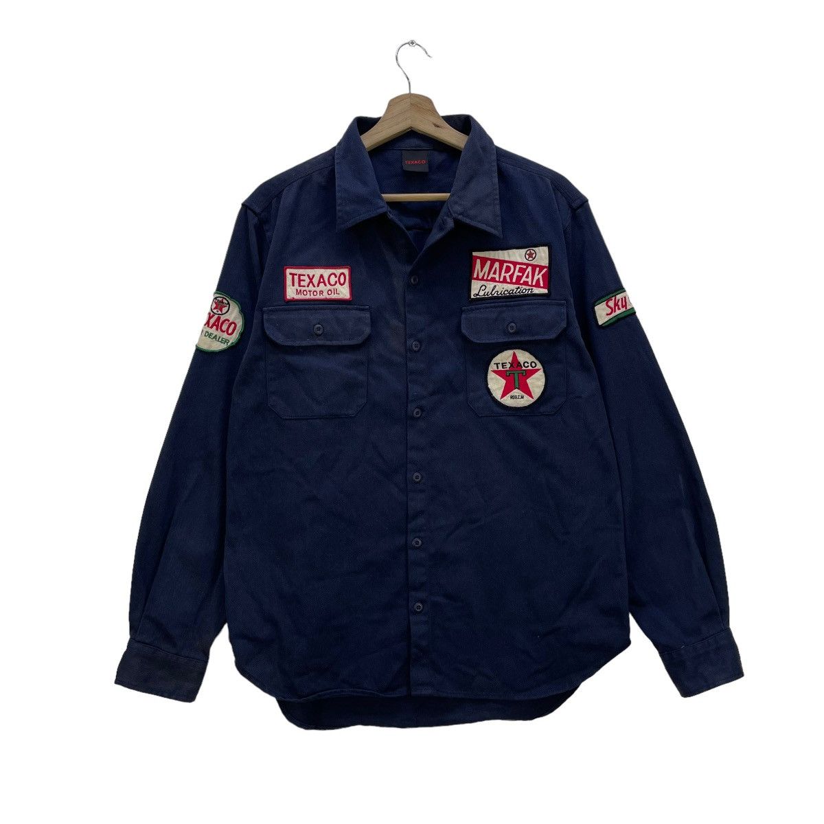 image of Made In USA x Racing Vintage Worker Texaco Long Sleeve Shirt in Navy, Men's (Size Medium)