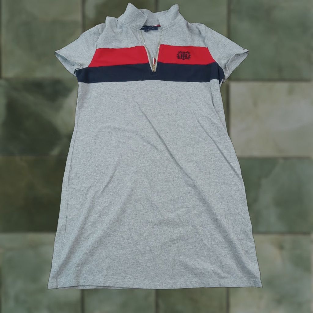 Tommy Hilfiger Tommy Hilfiger Dress Womens Large Gray Mock Neck Knit 1/4 Zip Logo Short Sleeve Size 36" / US 14 / IT 50 - 1 Thumbnail