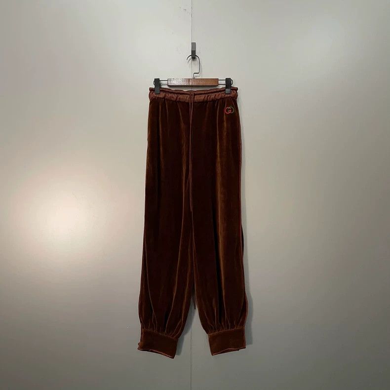 Gucci Gucci Size S Brown velvet embroidered logo trousers S size Size US 29 - 1 Thumbnail