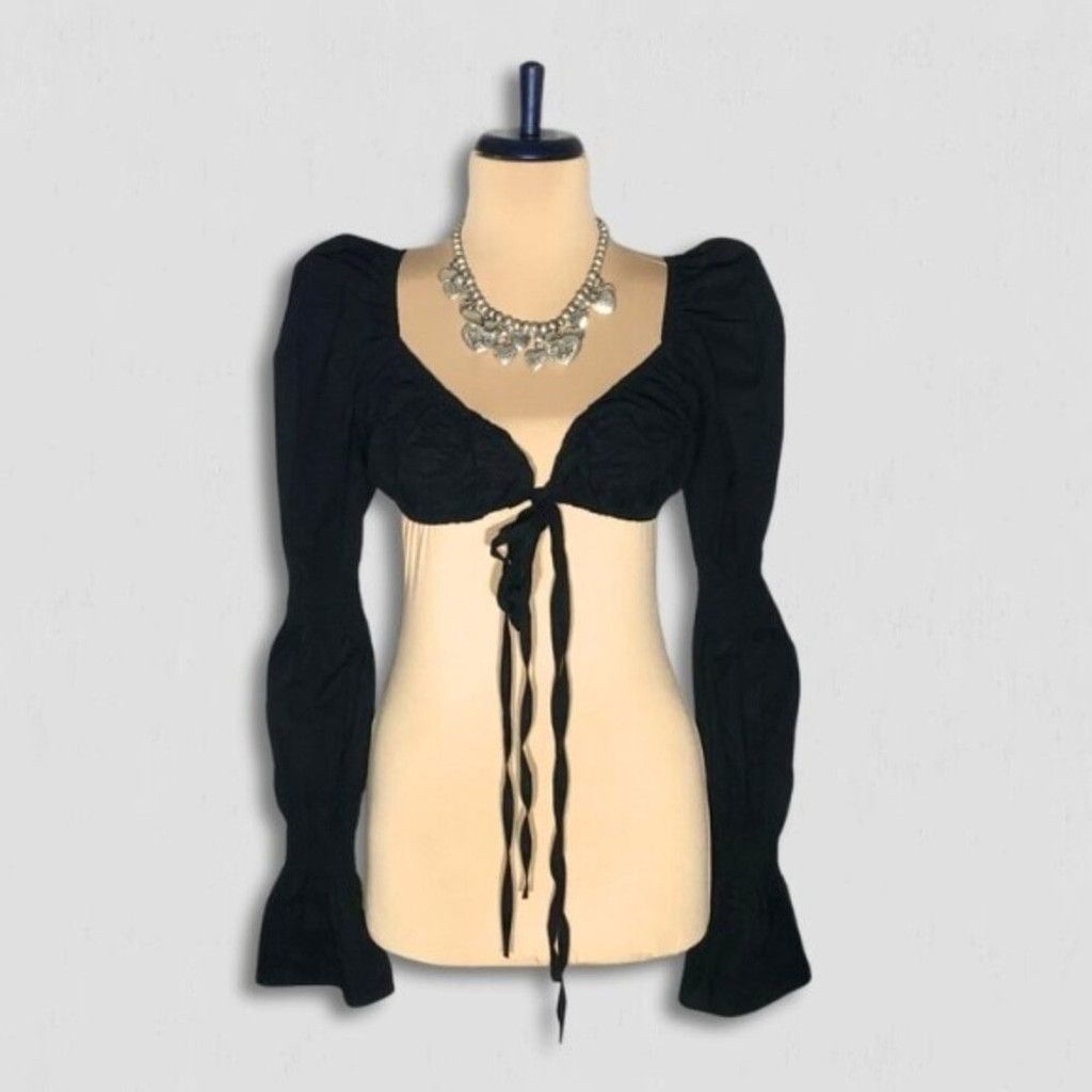 Vintage Boho Cropped Top Tie Front Ruched Puff Long Sleeve Black L Size L / US 10 / IT 46 - 1 Thumbnail