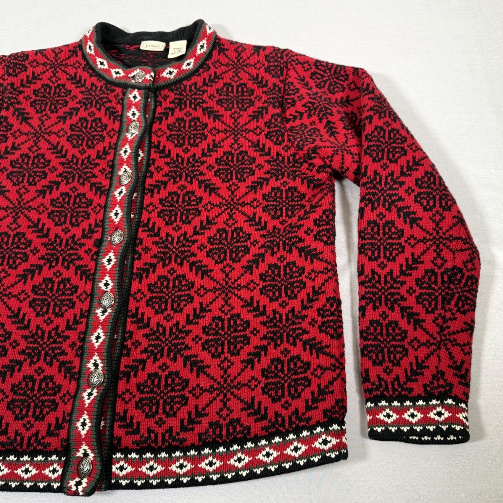 Vintage L.L.Bean Sweater Cardigan Women M Red Fair Isle Knit Cotton Button Up Crew Neck Holiday Ski Winter - Mens/Womens? Size M / US 6-8 / IT 42-44 - 3 Thumbnail
