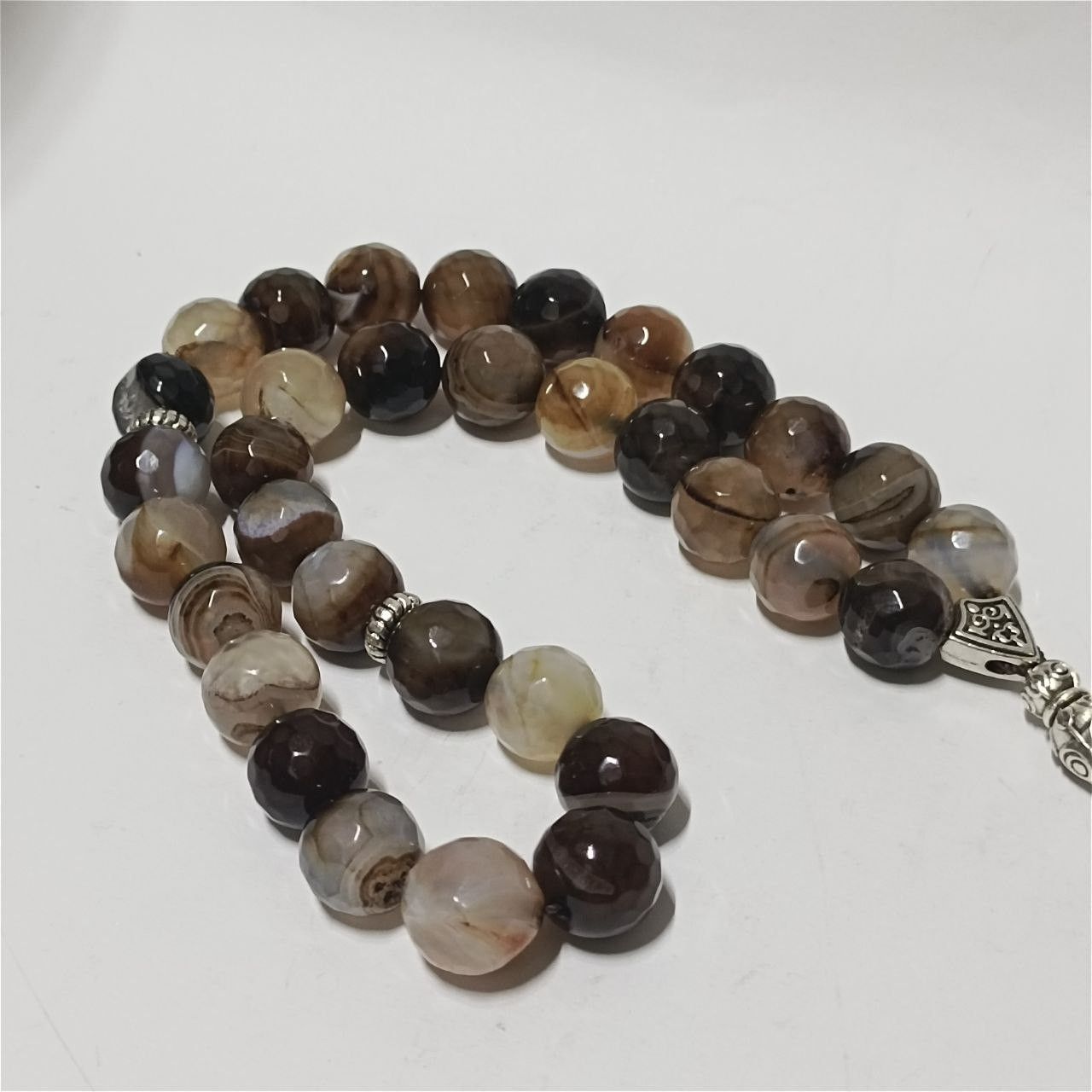 33 agate stone prayer beads silver crescent charms tassel